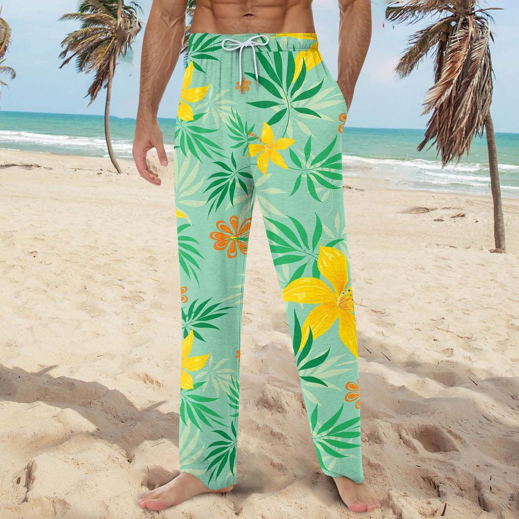 Men's Hawaiian Print Soft Home Pajama Pants Drawstring Casual Sweatpants