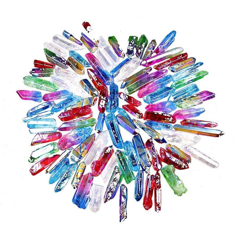 Unique Assorted Gemstones With Titanium Plating Rainbow Aura Quartz Crystal Points 100g