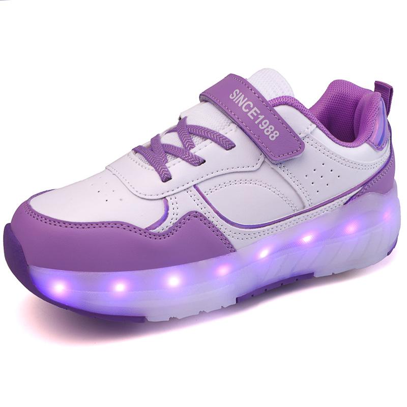 Kid's Lights Sports Shoes Rubbing Shoes Solid Magic Patch Can Charging Double-row Four-wheel Slide Shoes