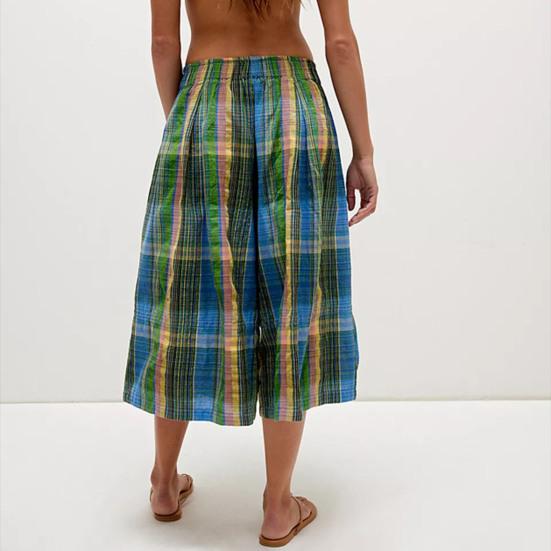 Women's Summer Boho Plaid Culotte Pants Casual Wide Leg Palazzo Trousers Baggy Cropped Gingham Capris Pants with Pockets