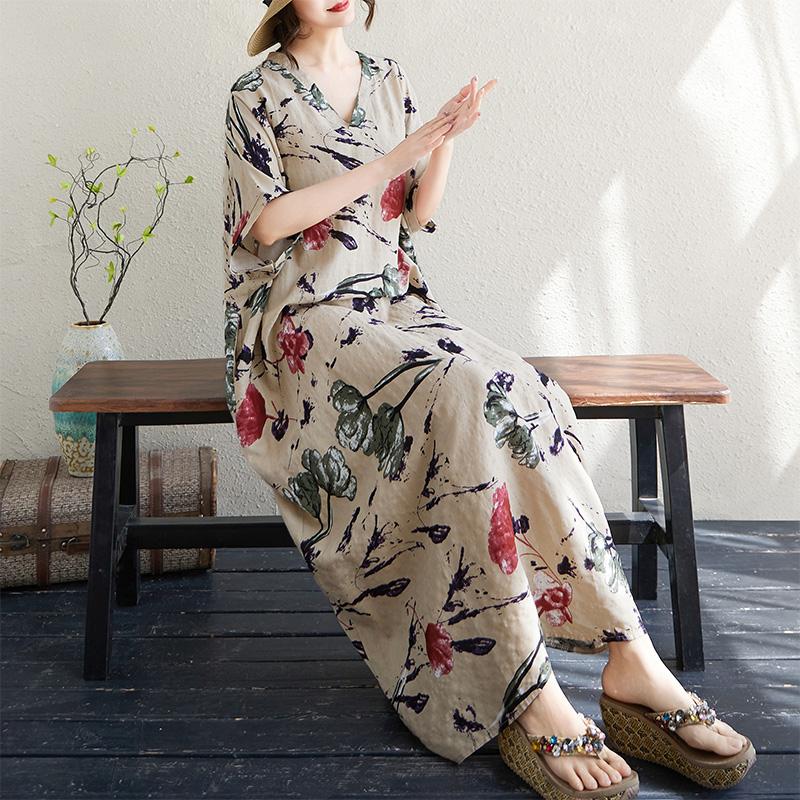 DIMANAF 2025 Лето Большой Размер Новое Платье Пляжное Повседневное Базовое Свободное V-образный вырез Женское Винтажный Принт Длинное Платье Макси