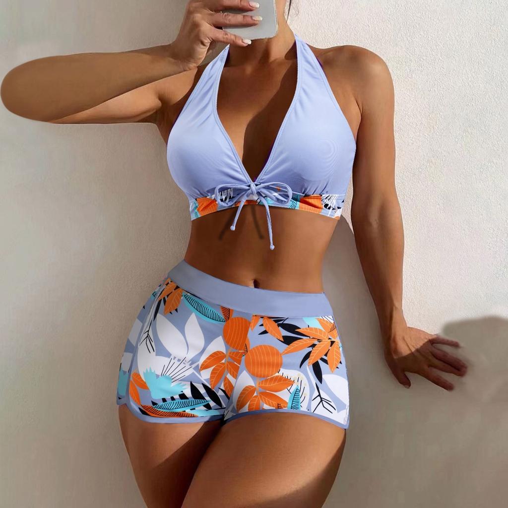 Women's Paneled Printed Swimsuit Ladies Fashion Sexy Split Boxer High Waist Swimsuit Two-Piece Set V-Neck Bathing Suits Female
