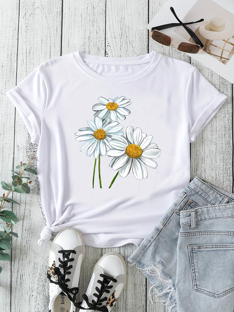 Женская футболка с принтом ромашек, модная футболка с иллюстрацией, простой дизайн, демонстрирующий естественный и элегантный стиль, подходит для повседневного досуга