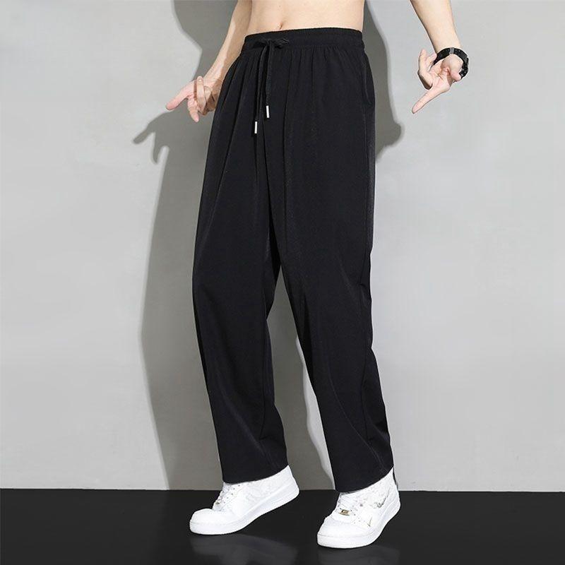 Летние брюки Ice Silk, мужские тонкие прямые брюки на шнурке, свободные дышащие быстросохнущие повседневные брюки