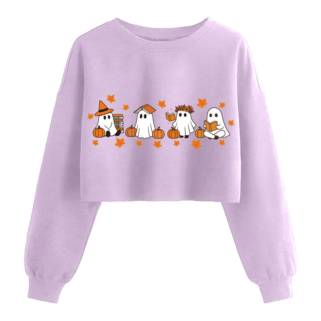 Женский модный пуловер с длинным рукавом и принтом на Хэллоуин, открывающий живот