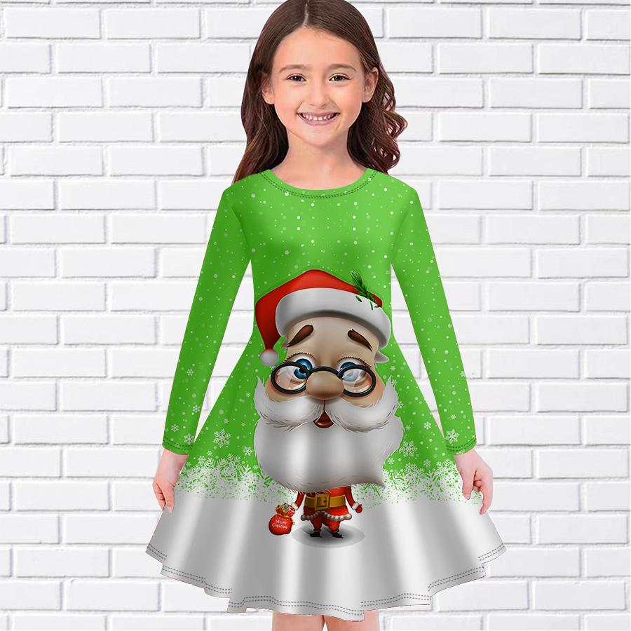 Повседневное платье для девочек с принтом Санта-Клауса и круглым вырезом, с длинными рукавами, детское платье принцессы