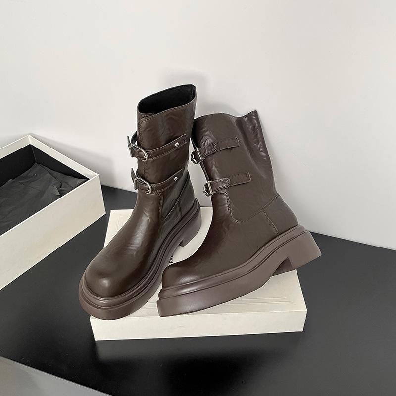 В наличии, ультралегкие ретро-ботинки для женщин, новая пряжка-ремень осень-зима 2025, рыцарские ботинки на толстой подошве с увеличением высоты, короткие ботинки для женщин
