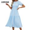 Summer Women's Dress Solid Color Round Neck Patchwork Short Sleeve Dress