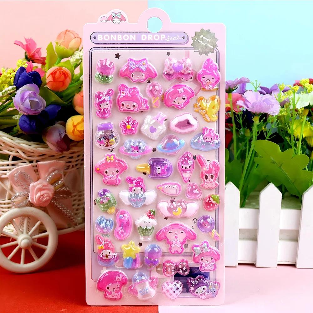 Cute Sanrio 3D Relief Stickers Kawaii Girls Kuromi Cinnamoroll My Melody Crystal Decals Decoration Sticker Packs