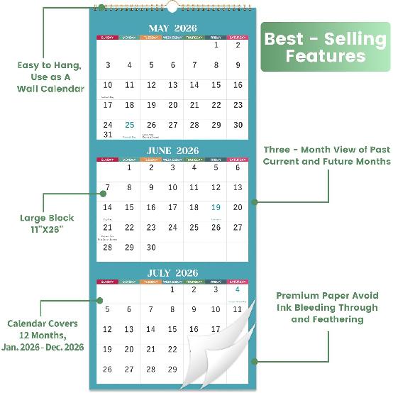2026 Wall Calendar - 3 Month Wall Calendar 2026, Jan 2026 - Dec 2026, 11.25" x 26", 3 Month Calendar 2026, 3 Month Vertical Calendar with Thick Paper