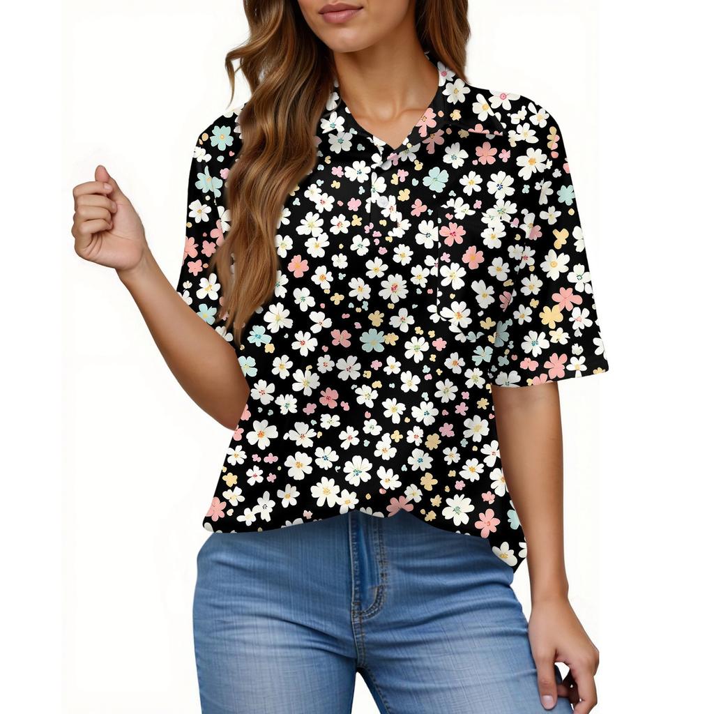 Women's Fashion Casual Button Pocket Shirt Short Sleeve Print Lapel Top