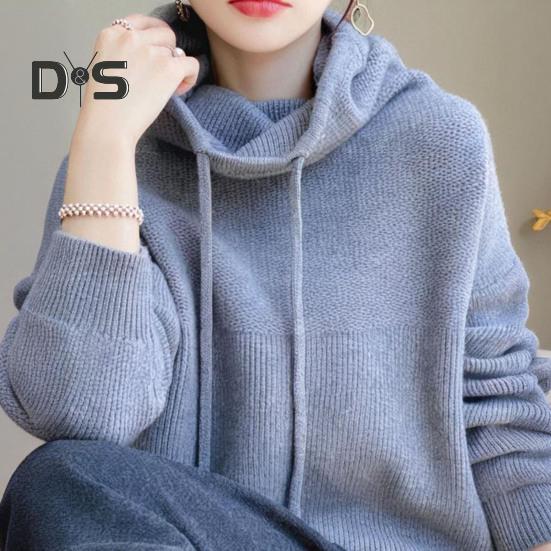 Женский свитер с ворсовым воротником, капюшоном и завязками, длинный рукав, трикотажные топы, однотонный повседневный свободный трикотаж