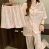 Striped Bow Wrinkled Cloth Pajamas Women'S Summer Short-Sleeved Three-Piece Set Niche Spring Summer Loungewear