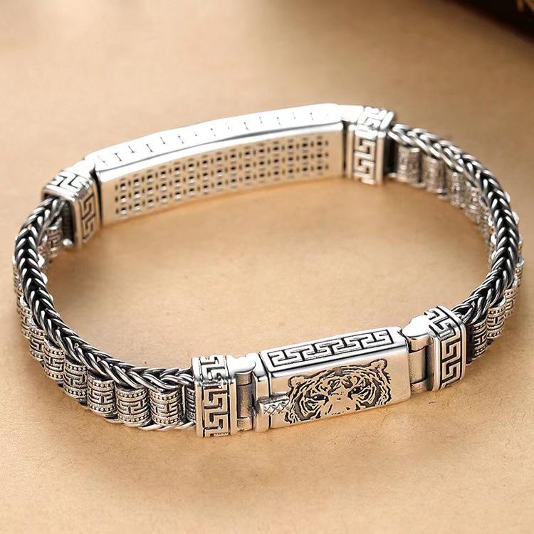 New Tiger Bracelet Men's Trendy Personality Peace Pattern Do The Old Zodiac Silver Medal Bracelet