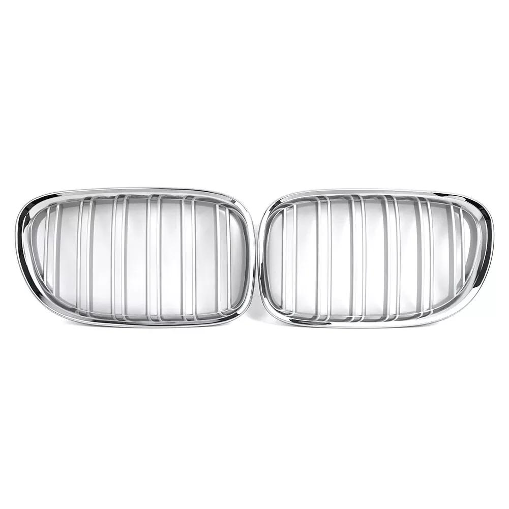 1 Pair Double Line Gloss Silver Car Front Bumper Sport Grilles Kidney Racing Grill Fit For BMW 7 Series F01 F02 2009-2015