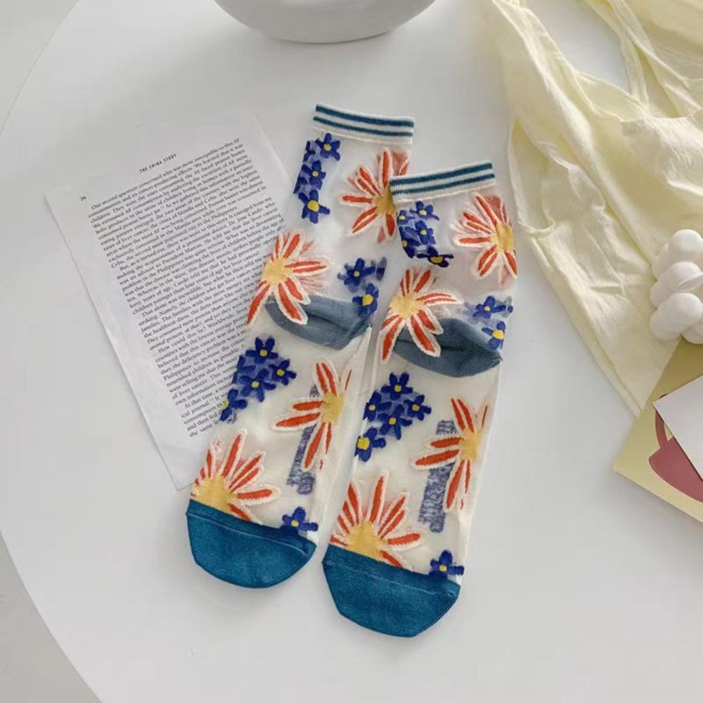 Sweet Floral Print Mid-calf Socks Ultra-Thin Crystal Silk Socks Casual Wear