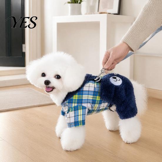Warm Dog Jumpsuit Fuzzy Bear Jumpsuit, Cute Plaid Outfit, 4-Legged Apparel, Autumn Winter Onesie Plush Lined Cozy Clothes for Small Clothing