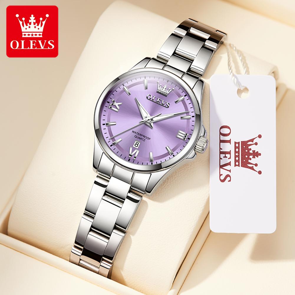 OLEVS Original Womens Quartz Watch Solid Stainless Steel Waterproof Calendar Ladies Watch Fashion Simple Elegant Wristwatch