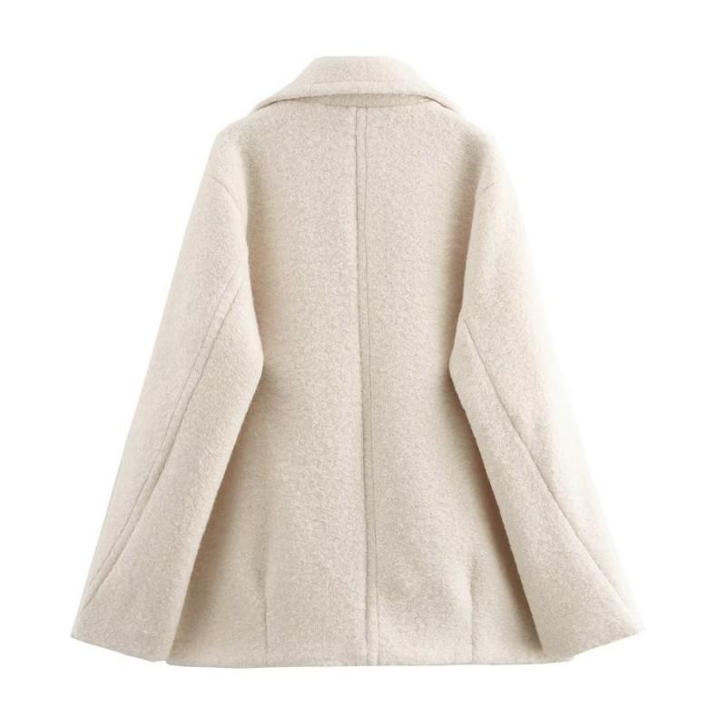 Womens Wool Blend Double-Breasted Short Coat In Solid Color Relaxed Fit Rabbit Fur Mix 2025