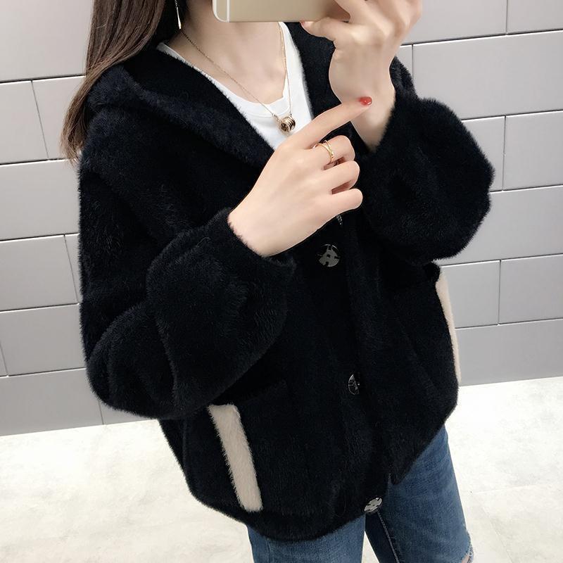 Женское короткое пальто Новое с капюшоном из норкового велюра верхний кардиган Весна и осень Свободный универсальный свитер-куртка