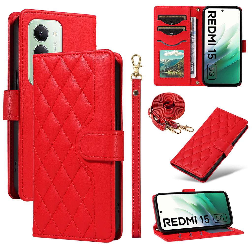 Для Xiaomi Redmi 15 5G (Глобальный) (169 мм) Чехол-кошелек Ромбовидный кожаный чехол для телефона с ремешком