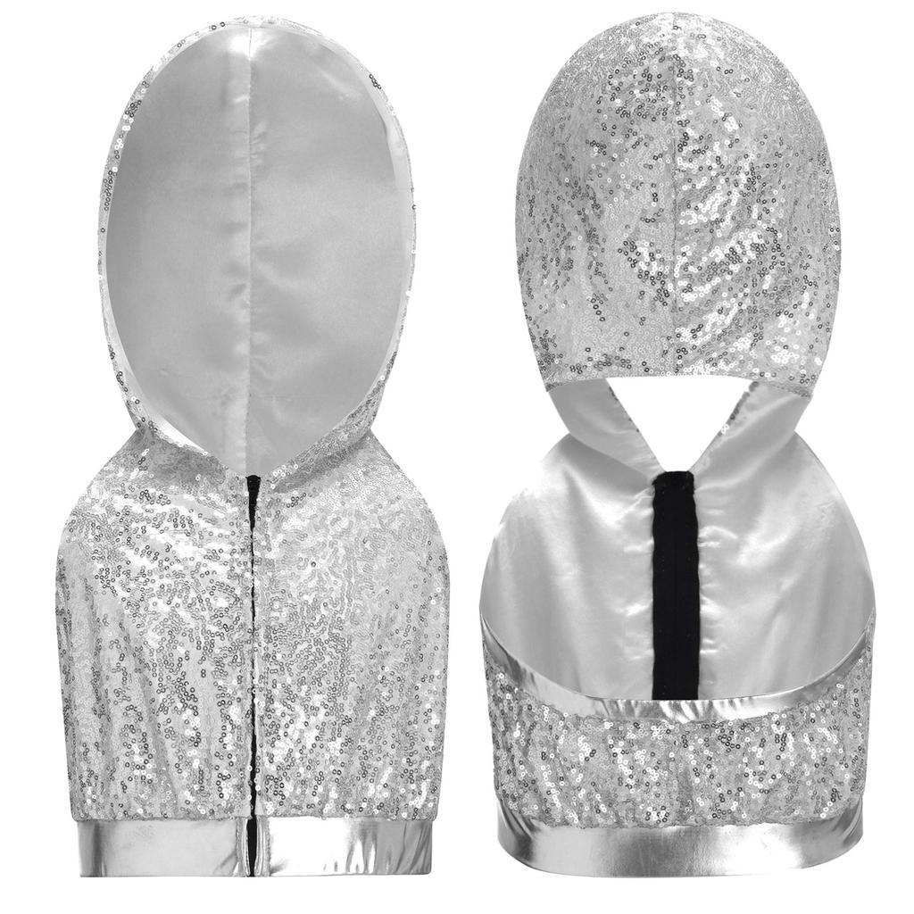 Sleeveless Backless Hooded Crop Top for Girls: Front Zipper Sparkling Sequins Dancewear for Hip-Hop Jazz Performance