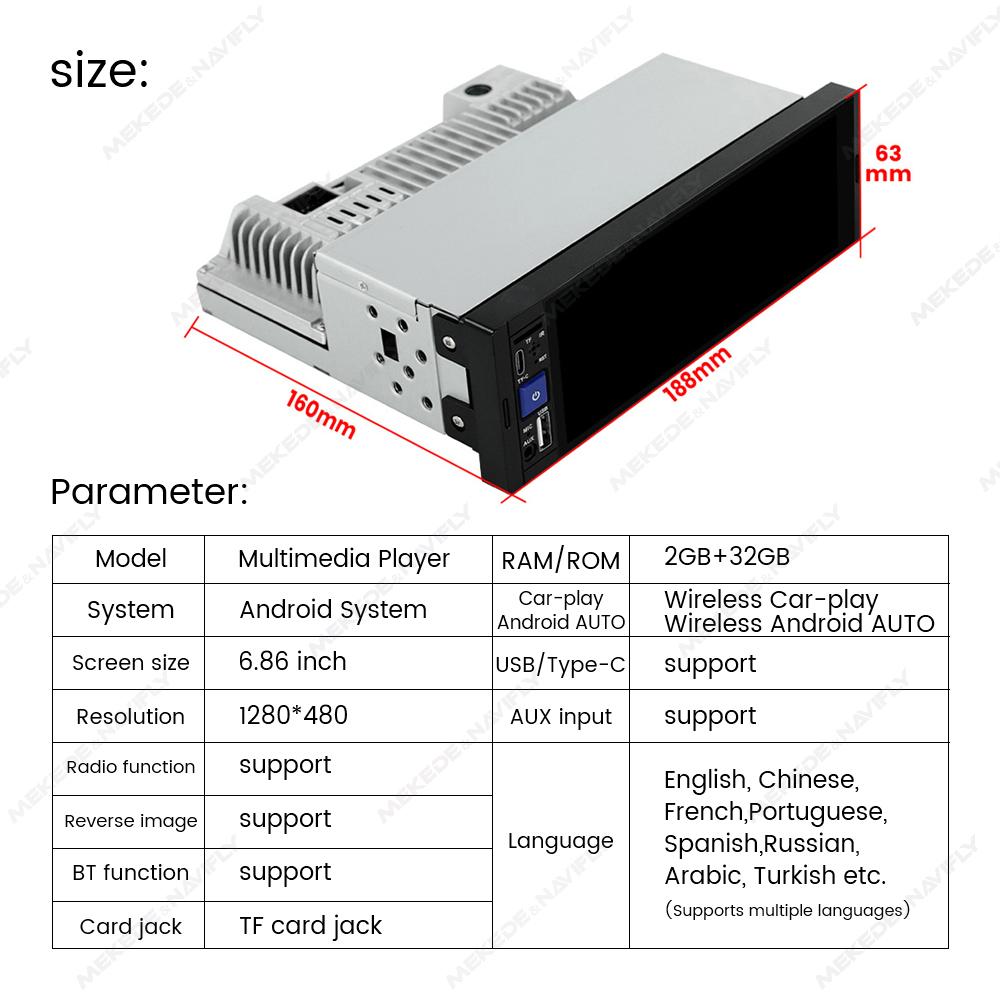 Navifly 6.86" HD сенсорный экран Android 2G+32G универсальный 1Din автомобильный радиоприемник стерео мультимедиа Automotivo беспроводной Carplay Android Auto