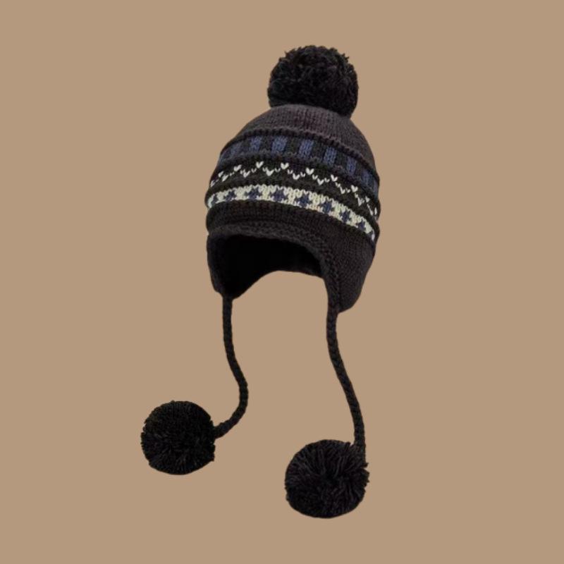 Женская шапка-бини с узором Fair Isle на шнуровке и защитой для ушей: Толстая, теплая вязаная шапка с помпоном для осени и зимы