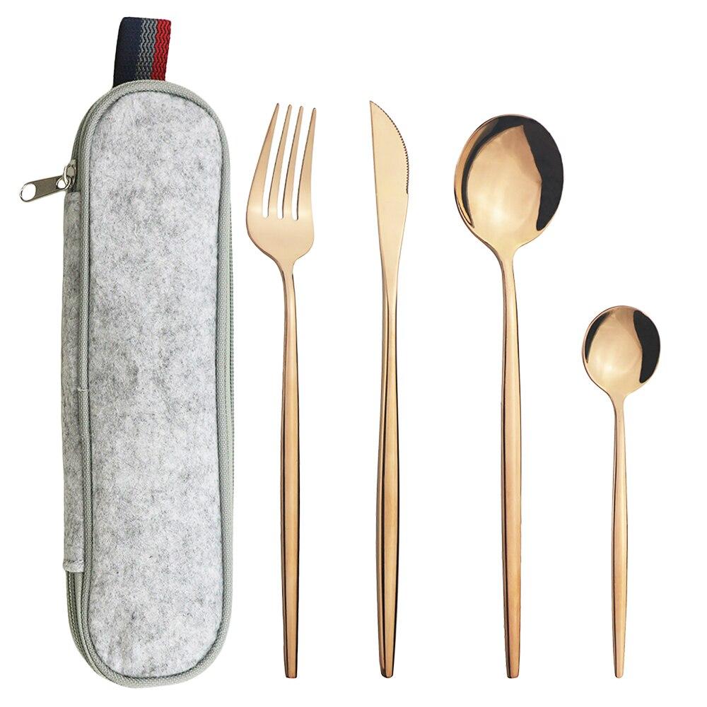 Мятно-зеленый, золотой набор столовой посуды, набор столовых приборов для кемпинга, нож, вилка, ложка с портативной серой сумкой, набор посуды из нержавеющей стали