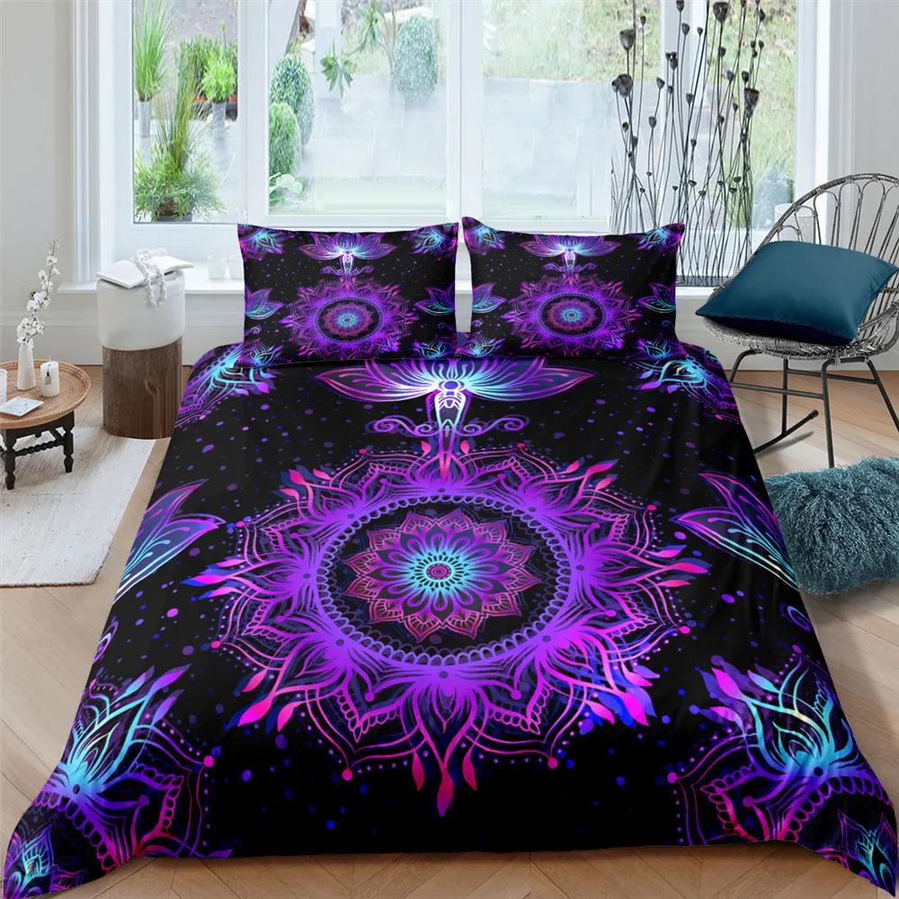 Комплект постельного белья из 2/3 предметов Bohemian Lotus, пододеяльник, пододеяльник с цветочным рисунком Mandala, черный полиэстер, комплект постельного белья для взрослых, размер Queen King Twin, подростков