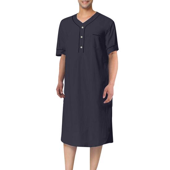 Мужская повседневная ночная рубашка с V-образным вырезом и коротким рукавом, накладной карман, однотонная, длина до середины икры, для сна