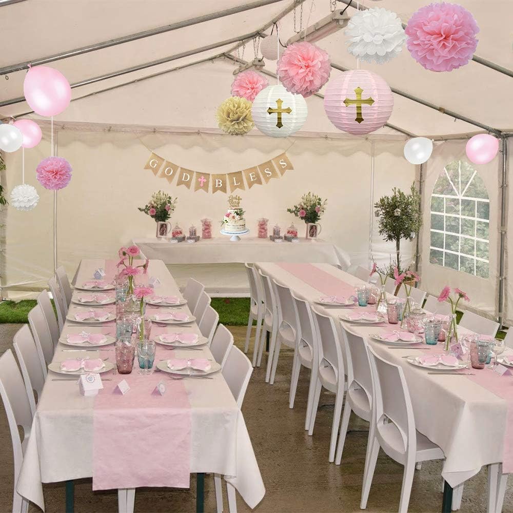 CHRORINE Baptism Decorations First Communion Confirmation Decorations Bautizo Decorations God Bless Banner (Pink)