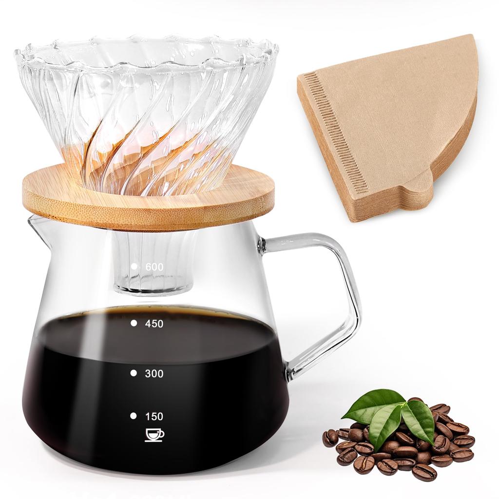 FGIUKC Coffee Glass with Bamboo 600ml Capacity with Serves V60 Coffee Drip Perfect for Cafes and Coffee Shops Server, Heat-Resistant Holder,