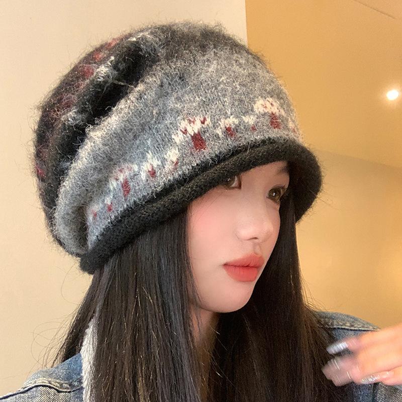Grey crimped knitted wool hat women's autumn and winter face small pile hat big head circumference ear protection warm pullover couple hat