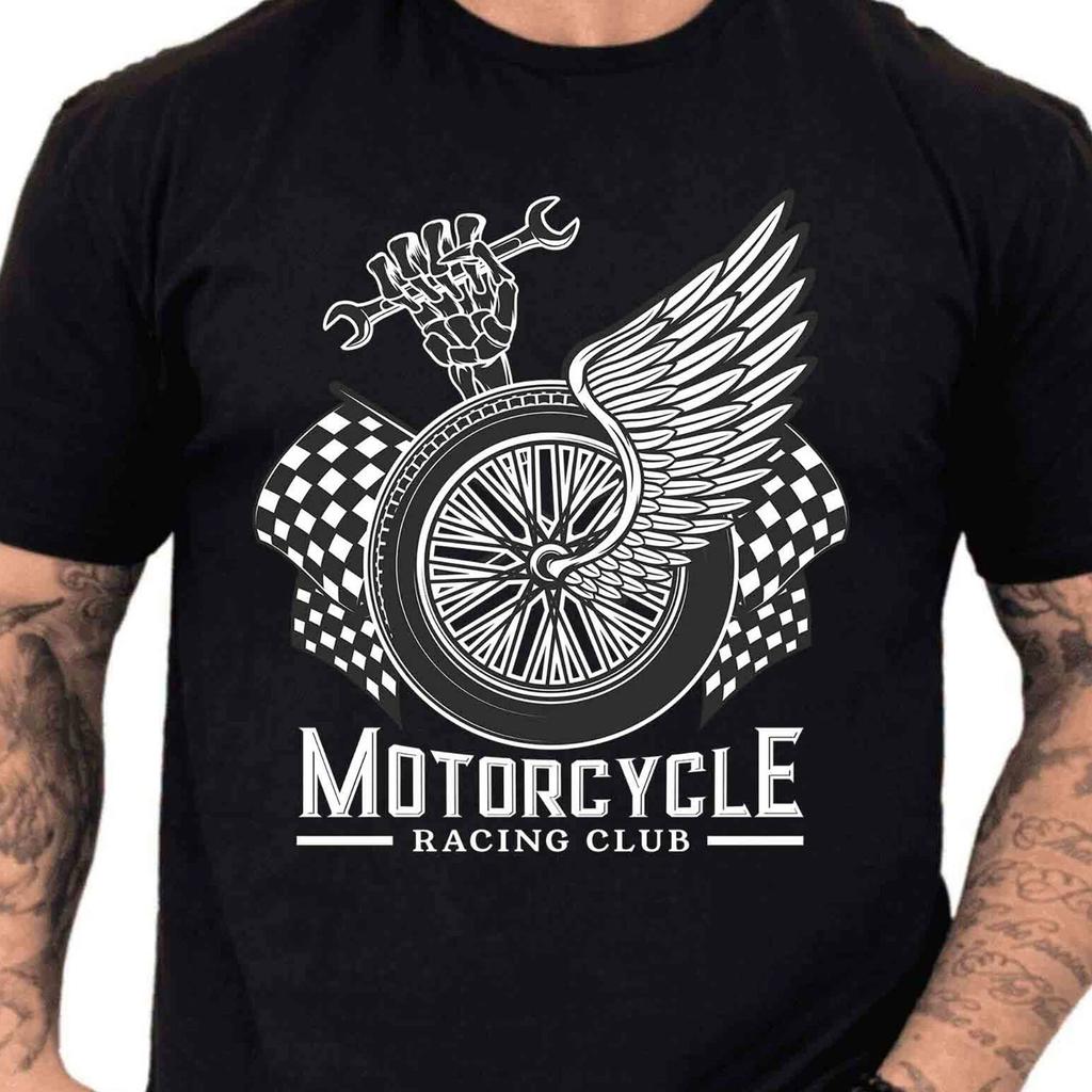 Motorcycle Racing Club Wheel Wings Skeleton Wrench Checkered Flag Graphic Tee.