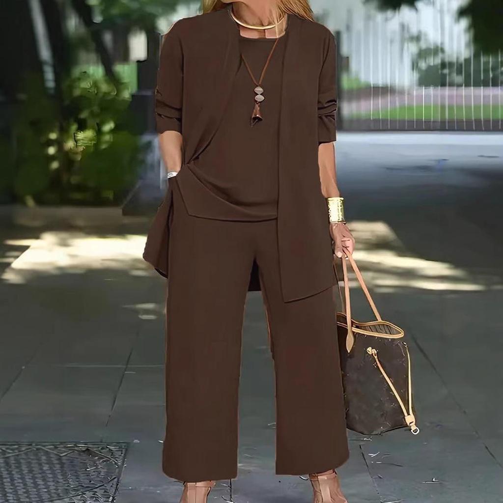 Европейско-американский повседневный осенне-зимний однотонный комплект-тройка: Длинные брюки, кардиган с длинным рукавом и жилет для женщин