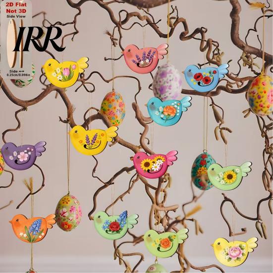 Hemp Rope Hanging Ornament Easter Wooden Decoration, 2D Flat Flowers Bird Ornaments, Decoration Spring Tree Pendant for Holiday Home Party Decor