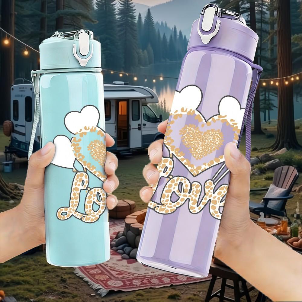 1PC Faith Heart Flower Layered Art Print 750ml Color Plastic Sports Water Bottle Leakproof Flip Straw Lid Suitable for Sports Office Home Use