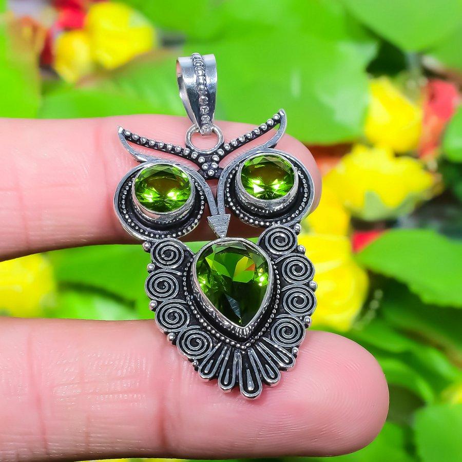 Кулон ручной работы из стерлингового серебра 925 пробы с натуральным совы и драгоценным камнем перидот 1,97 дюйма r4k02