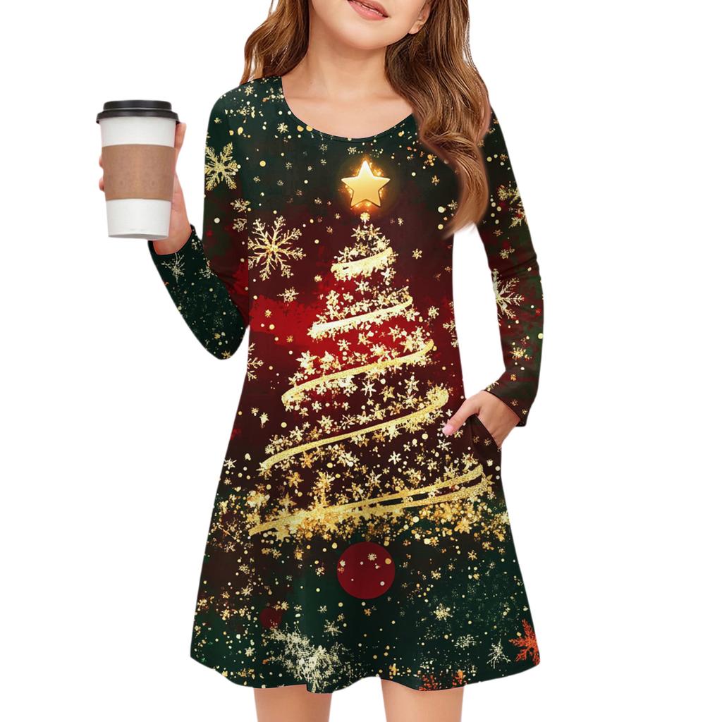 Christmas Day Girls' Long Sleeve Dress - Color Pocket Dress