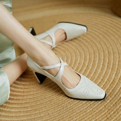 Мода НОВЫЕ Весенне-осенние Женские Туфли Лодочки Квадратный Носок Туфли на Высоком Каблуке Обувь из Натуральной Кожи для Женщин Лаконичные Туфли с Ремешком и Пряжкой-Перекрестием