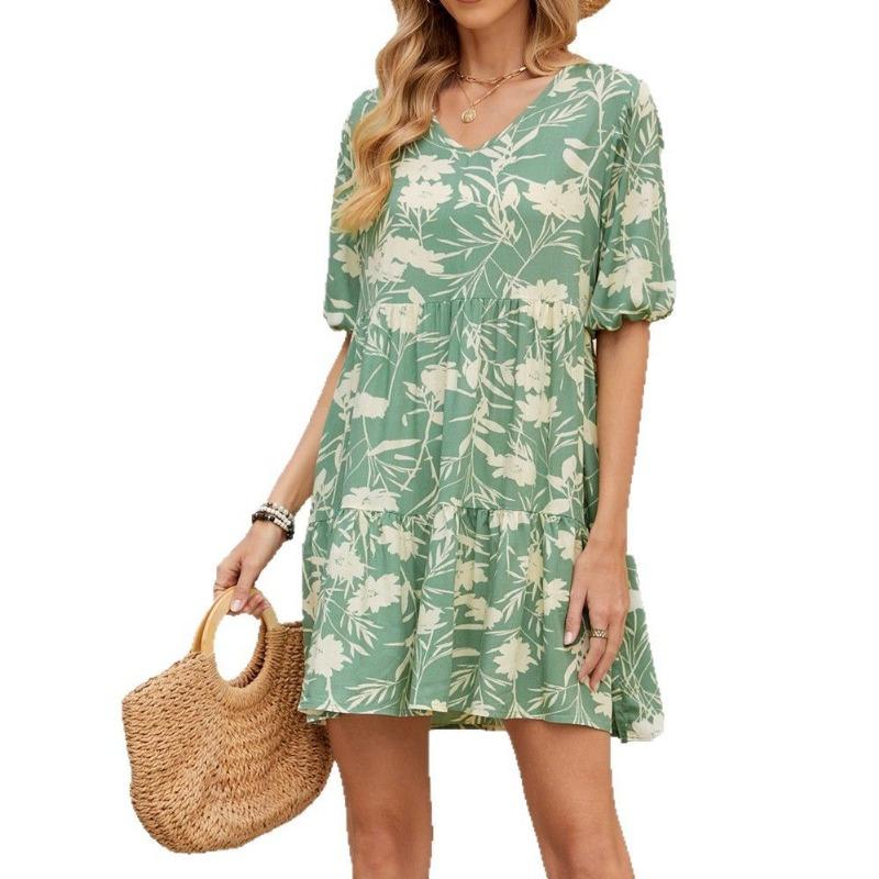 Женское летнее платье с принтом, V-образный вырез, повседневное, праздничное, свободное платье