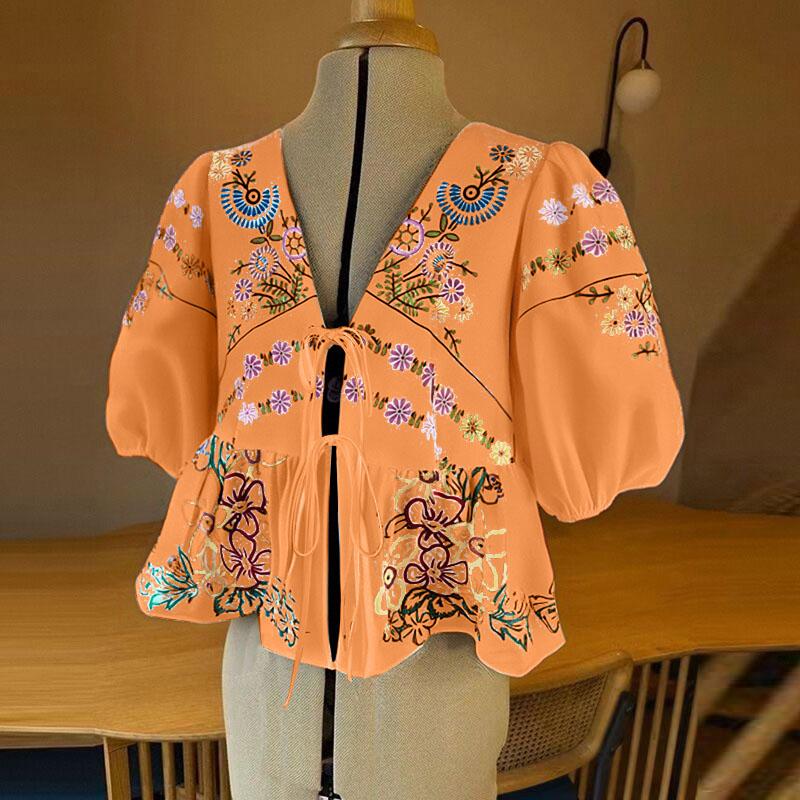 ZANZEA Женская повседневная блузка с принтом на шнуровке, V-образным вырезом и коротким рукавом