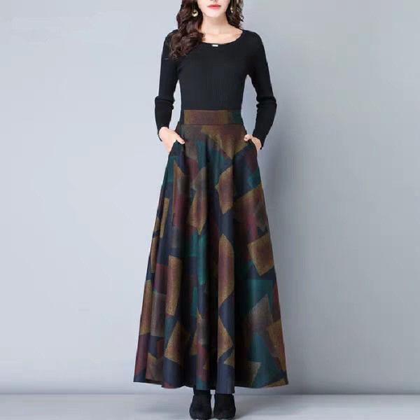 High Waist Woolen A-line Long Skirt - Women's Waist Slimming Big Swing Design