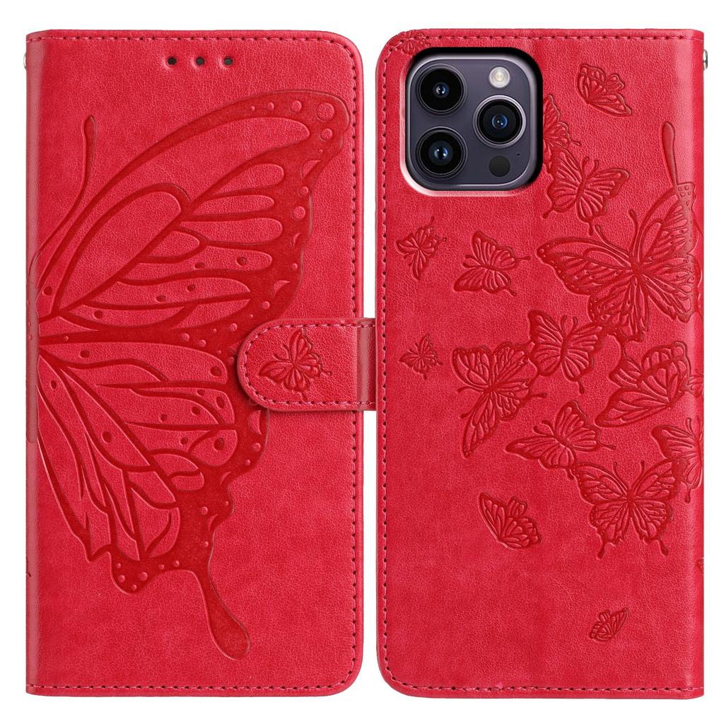 For iPhone 14 Pro Case Butterfly Imprinted Wallet Stand PU Leather Flip Phone Cover with Strap