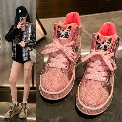 Дизайнерские блестящие кроссовки на массивной платформе с пайетками женские дышащие на шнуровке обувь для увеличения роста женские модные милые розовые кроссовки