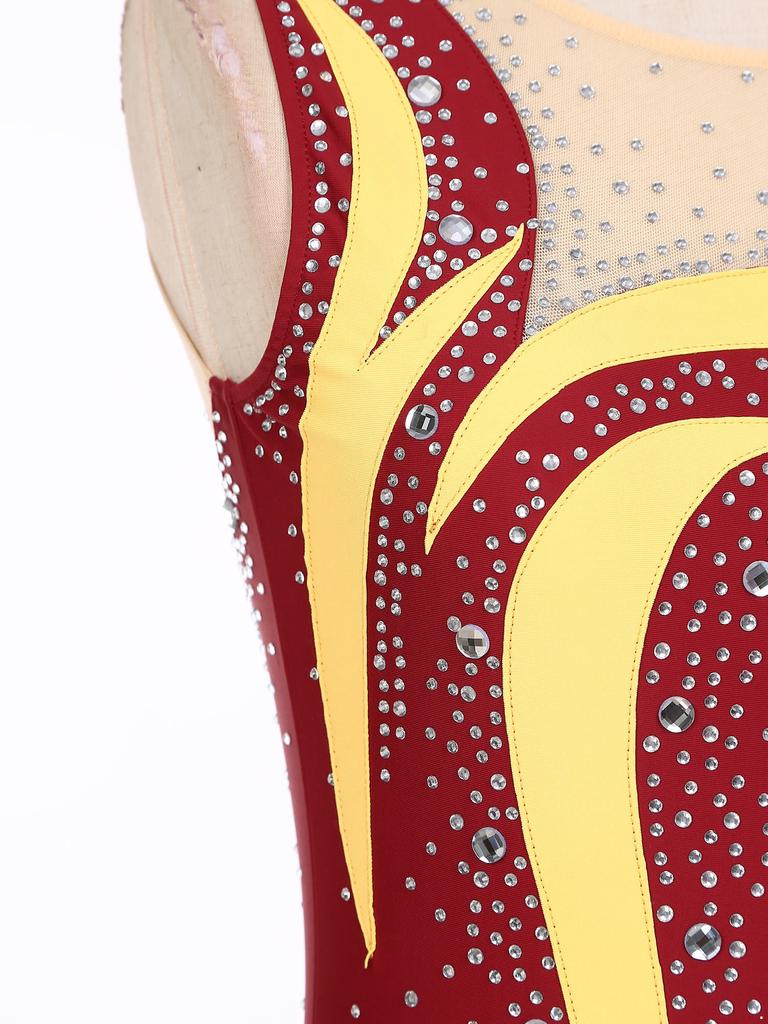 Женский купальник для художественной гимнастики с круглым вырезом, без рукавов, контрастной расцветки, пэчворк, стразы, юбка с высоким разрезом