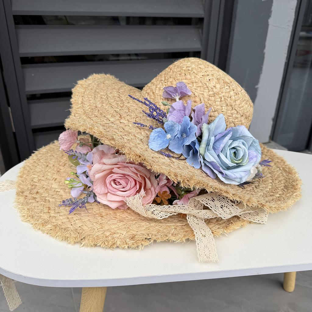 Summer French big brim sun hat women's fashion ins seaside sun protection Lafite straw hat idyllic flower sun hat
