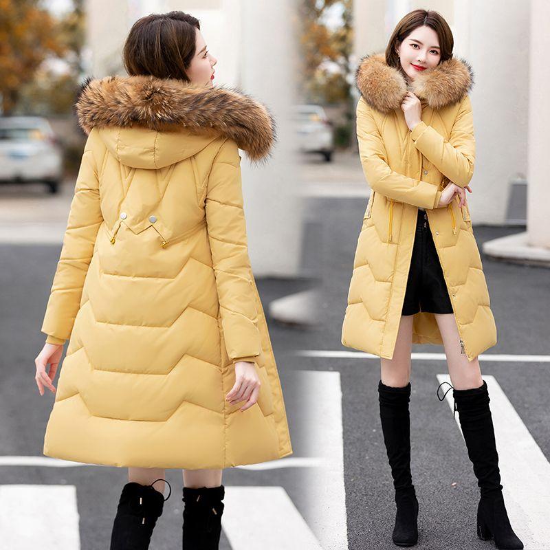 Пуховик женский средней длины и длинный новый приталенный с меховым воротником теплый пуховый утолщенный зимний