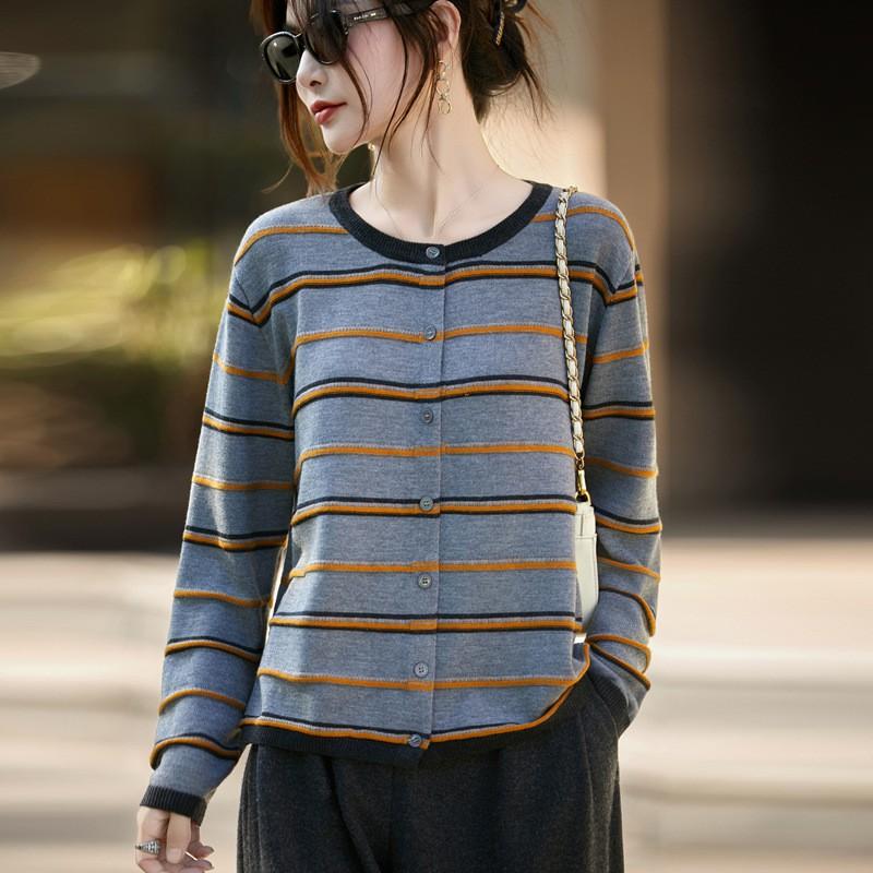 Womens Lightweight Striped Knit Cardigan Sweater - Loose Fit Round Neck Single Button Wool Blend Office Chic